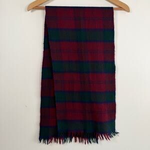 100% Lambswool Rectangular Knit Scarf Fringe Navy Blue Plaid Made in Uruguay 51"